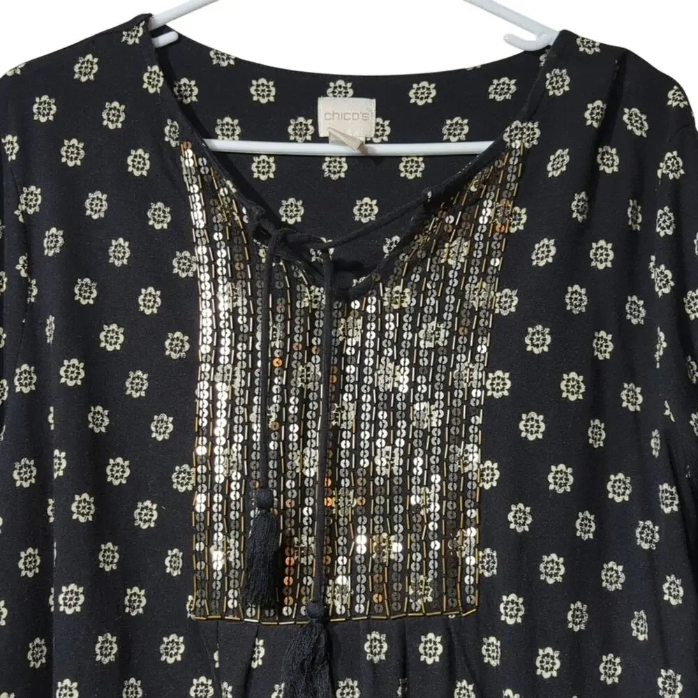 Chico's Sequin Beaded Front Placket Black/ White Peasant Elastic Sleeve Blouse 2